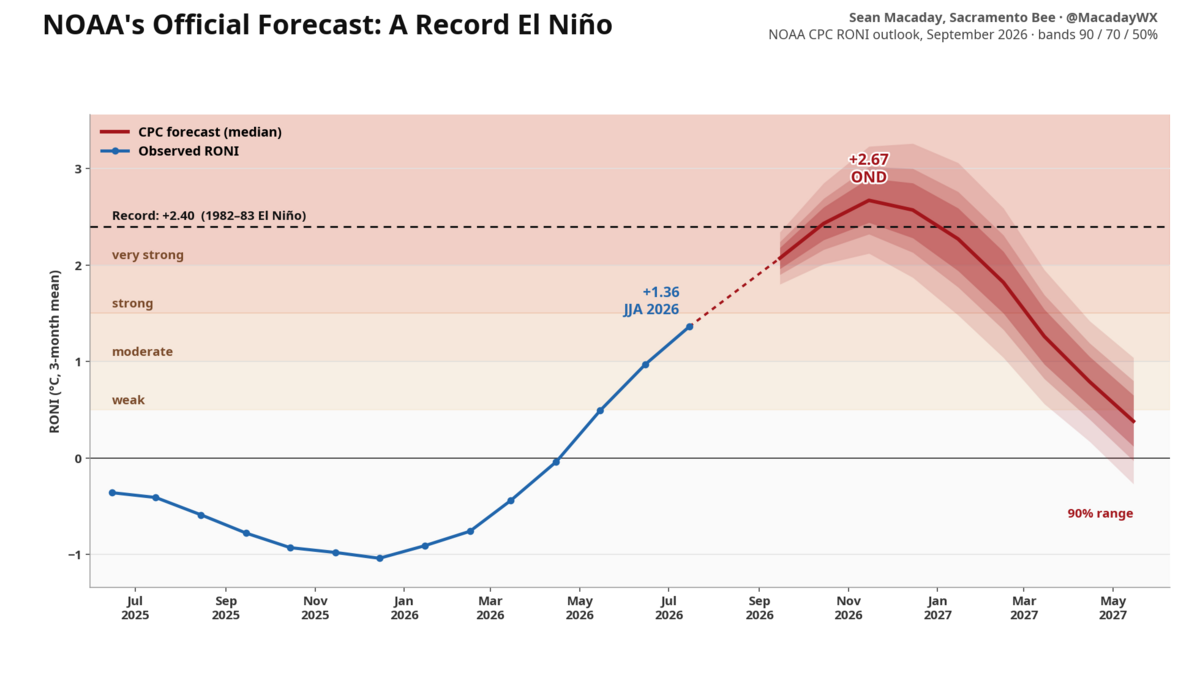 When considering the new Relative Oceanic Niño Index, the current El Niño is forecast to be in range of breaking the previous strongest event of 1982-83 by this metric.